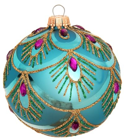 Krebs Glas Lauscha Weihnachtskugeln Pfaumuster Türkis 8 cm - 6er Set - mundgeblasen & handdekoriert - Elegante Glasornamente für Festliche Weihnachtsdeko