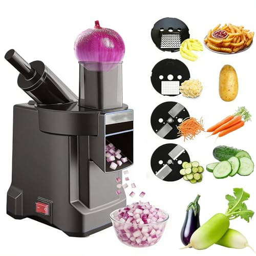 Cortador de verduras eléctrico 4 en 1 mejorado con cortador de patatas ondulado, rebanadora, rallador y cortador en dados, picadora eléctrica de alimentos con doble entrada para hogar y restaurantes