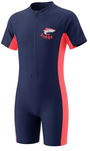 JiAmy Boys One Piece Swimsuit Short Sleeve Zip Sunsuit 11-12 Y, Light Red