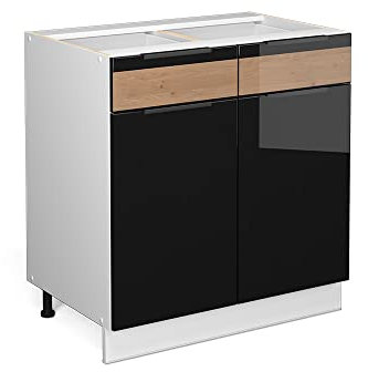 Vicco Küchenunterschrank Fame-Line, Schwarz-Eiche Hochglanz/Weiß, 80 cm ohne Arbeitsplatte