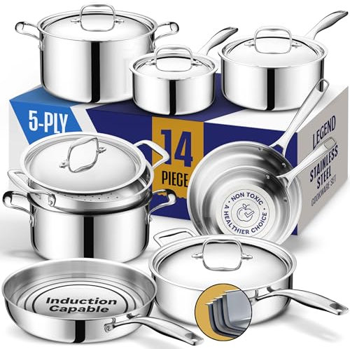 LEGEND COOKWARE 5 Ply Stainless Steel Pots and Pans Set | 14-Piece, Induction, Non-Toxic, Oven Safe | Best 18/0 Full Clad | Professional Kitchen Cooking, Heavy Chef Quality | PFOA, PTFE & PFOS Free