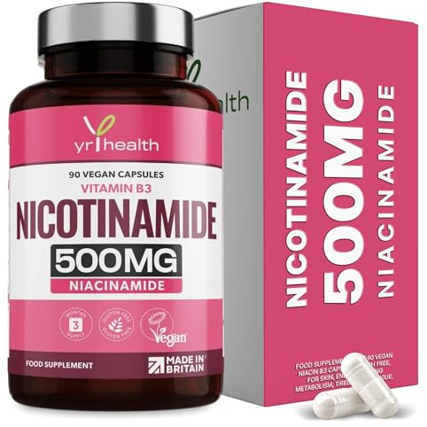 Vitamin B3 Nicotinamide, Niacinamide 500mg - 90 Vegan Niacin B3 Capsules Flush Free, for Skin, Energy Yielding Metabolism, Tiredness & Fatigue, One A Day, 3 Months Supply - Made in The UK By YrHealth