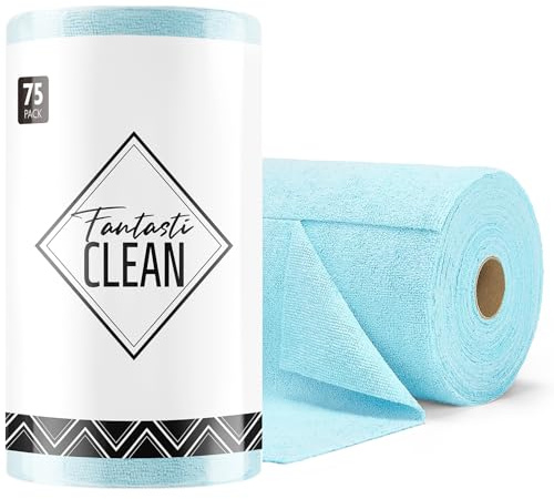 Fantasticlean Microfiber Cleaning Cloth Roll -75 Pack, Tear Away Microfiber Towels, 12 x 12, Reusable, Washable, Scratch Free, Ultra Absorbent Dishcloth for All-Around Cleaning Supplies (Blue)