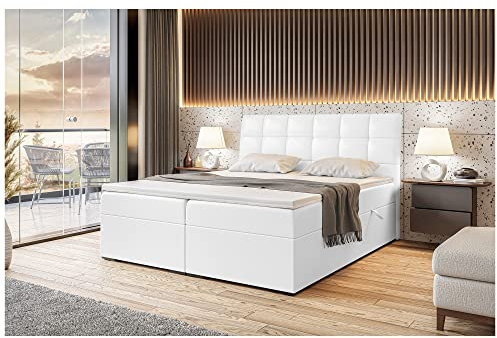 MEBLINI Boxspringbett mit Bettkasten - Gepolstert Doppelbett mit Matratze und Topper - Polsterbett mit Stauraum - Bett mit Kopfteil - Stauraumbett - Drago - 180x200 - H3/Weiß Kunstleder
