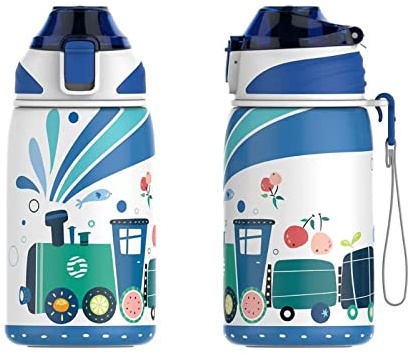 Fjbottle dricksflaska för barn, rostfritt stål, 400 ml – öppning med 1-klick, BPA-fri läckagesäker termisk flaska, lämplig för kolsyrade drycker, termosflaska pojkar/flickor för barnkammare, skola,