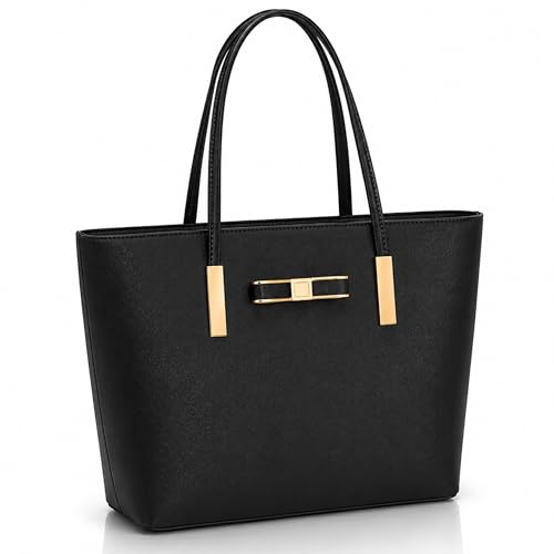 kukubird Women's Top-Handle Black Large Tote Bag Handbag Simple Shoulder Bag with Zipper for School Work Leisure-Black