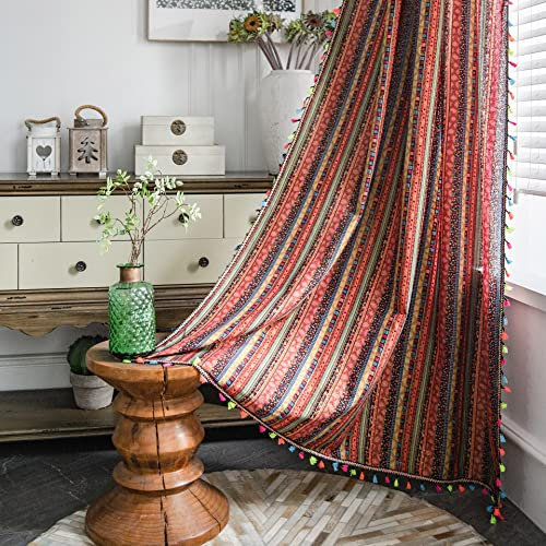 Freyamy Vorhang 240x150cm Bohemian Rot Bunt Baumwolle Leinen Landhausstil Vertikale Streifen Blickdicht Gardinen mit Beige Quasten 2er Set Makramee Verdunklungsvorhänge Gardinen für Schlafzimmer