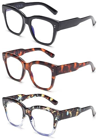 JM 3-Pack Quadratisches Blaues Licht Blockierende Lesebrille, übergroße Computerleser für Frauen Männer +1.5