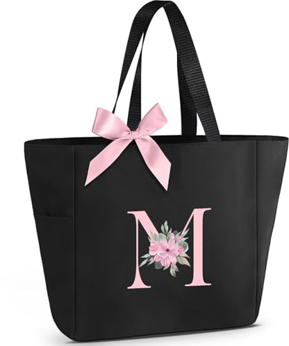 Vavabox A-Z Initial Personalized Tote Bag, Waterproof Gifts for Women, Bridesmaids, Mom, Teachers, Friends (01-Black, M)