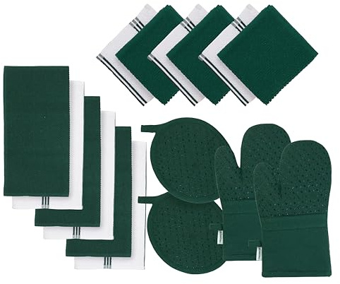 LANE LINEN Dish Towels and Dishcloths Sets - 16 Pc Kitchen Mitts and Pot Holders, 100% Cotton Kitchen Dish Rags for Washing Dishes - Green