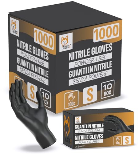 AKITAInk Guanti in Nitrile Neri senza polvere, senza lattice - Ipoallergenici, Resistenti, Ideali per Ambiti Medici e Alimentari per Estetisti, Tatuatori, Ambiti Medici, guanti per alimenti (1000, S)