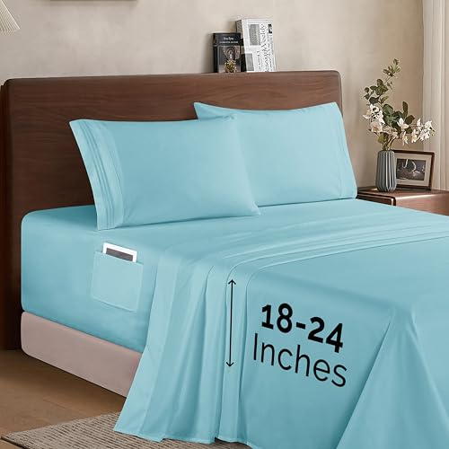 Elegant Comfort Luxury 1500 Premium Hotel Quality Microfiber 4-Piece Sheet Set - Soft, All Around Elastic 18-24 Inches Deep Fitted Sheet - Extra Deep Pocket Sheets, California King, Aqua