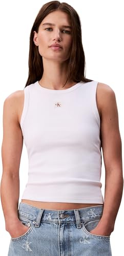 Calvin Klein Donna Canotta Woven Label Rib con Logo, Bianco (Brilliant White), M