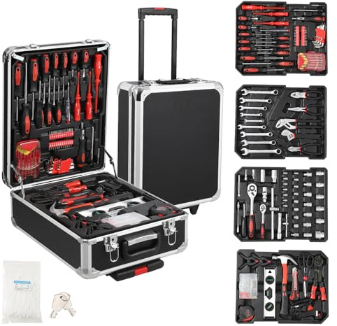 GraveeTech 800pcs Aluminum Trolley Case Tool Set Home Repair Tool Set, General Household Tool Kit w Rolling Tool Box, Toolbox Storage Case w 4 Drawers for Maintenance, Perfect for Homeowner, Handyman