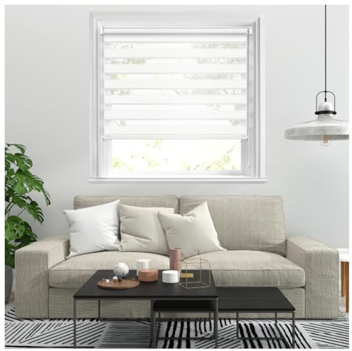 J.Din Zebra Roller Blinds Windows Door Curtain For Bedroom Light Filtering Day and Night Window Shades Blind Easy Fit Double Layer Fabric Translucent Vision Curtains (White, 174cm x 165cm)