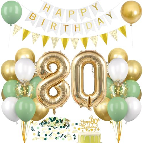 Decorazione Verde Oro per il 80° Compleanno, Palloncini e Happy Birthday Ghirlanda - Decorazioni per Festa Uomini Donne
