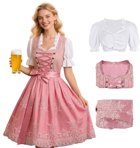 Moerstar Robe traditionnelle Dirndl pour femme - Chemisier Dirndl - Tablier traditionnel Dirndl - Costume de fête de la bière, Rose, L