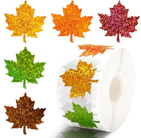 Pegatinas de Otoño, 500 PCS Calcomanías de Hojas de arce Otoñales, Hojas de arce Brillantes Decoración, Rollo de Pegatinas de Otoño para Niños, para Otoño, Acción de Gracias, Tarjetas de Fiesta