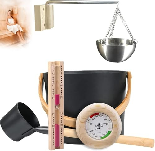 MAIMAILE Set di Accessori per Sauna, Intervallo di Temperatura da 0°C a 120°C, con Secchio per Sauna da 7 Litri/termometro/Clessidra/aromaterapia, per Uso Personale in Salone di Casa, Saune, Bagni