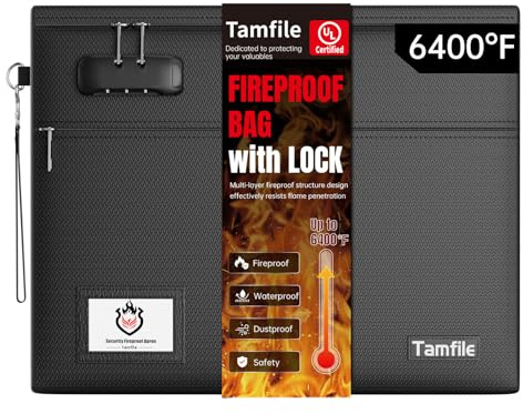 Tamfile Fireproof Document Bag with Lock, 6400℉ 12-Layer, 15x12, Black