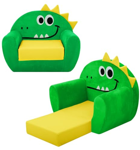 alldomess Poltroncina per Bambini 2-in-1,Cartoon Comodi Sedia Bambini,Morbido Letto Bambina per Soggiorno, Sala Giochi,Dinosauro Verde