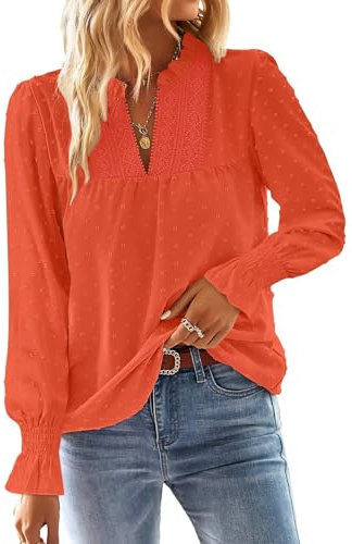 TUUHAW Blusa Mujer Manga Larga Boho Top con Mangas de Volantes Camisa Elegante con Cuello en V Casual Elegante Otoño Bordado Encaje Túnica Color Sólido Camiseta Naranja Brillante XL