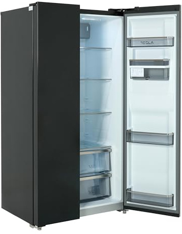 TESLA Side by Side Fridge Freezer (Non plumbed) – 372L Fridge / 210 Freezer capacity, Freestanding, E Energy, Total No Frost, Multi Airflow Cooling, LED Display & Water Dispenser, T582SBSB (Black)