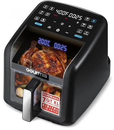 Gourmia Air Fryer 7 QT - Easy View Panoramic Window & Interior Light, Guided Cooking with 12 One-Touch Presets, FryForce 360, Dishwasher Safe Accessories, Black