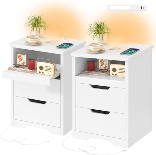 TEENFON Set de 2 Mesitas de Noche con Luces LED 3 Colores y Carga Rápida USB/Type-C – Mesilla de Noche Moderna con Bandeja Deslizante y 2 Cajones, Ideal para Dormitorio y Salón, Blanco