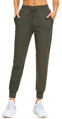 Libin Jogginghose Damen Sporthose Lang Trainingshose Leichte Freizeithose Yogahose Joggpants Stretch Sweathose Laufhose Stoffhose Elegant für Frauen mit Taschen Olivgrün XL