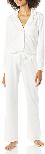 Amazon Essentials Damen Schlafanzug-Set Baumwollmodal langärmliges Hemd und Lange Hose, Weiß, M