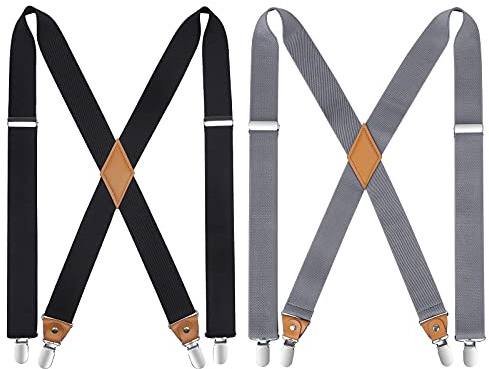 HISDERN Mens Suspenders Black Grey Suspenders Heavy Duty Strong Clips X- Back 1.4 Inch Adjustable Elastic Suspender Braces for Women Wedding
