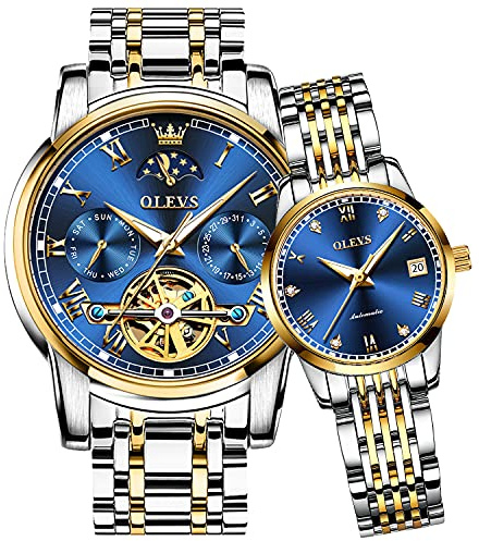 OLEVS Couple Automatic Watches for Men and Women His and Hers Watch Set Gifts Mechanical Self-Winding Tourbillon Big Face Dress Wrist Watch with Day Date Calendar Blue
