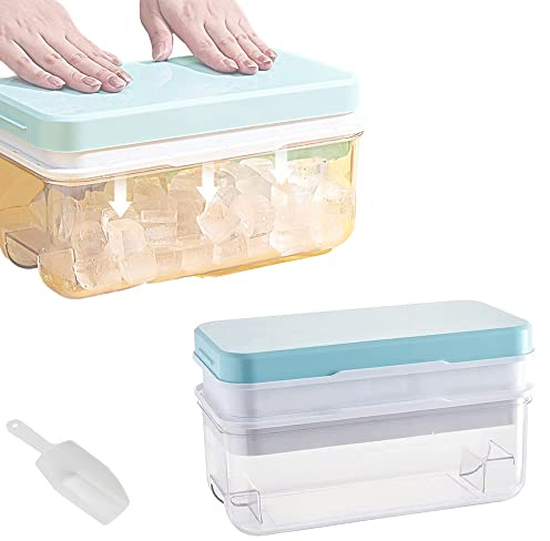 Ninyoon 1 Secondo Demould - Vassoio per cubetto di ghiaccio con coperchio e cestino, le stampi per ghiaccio a 2 livelli producono 64 cubi di ghiaccio, Compreso lo scoop (Blu)