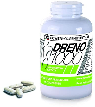 Integratore Forte Drenante Naturale, DRENO 1000 Powerhouse Nutrition, Integratore Detox con Betulla e Gambo d'Ananas, Contrasta Ritenzione Idrica & Cellulite, 90 compresse