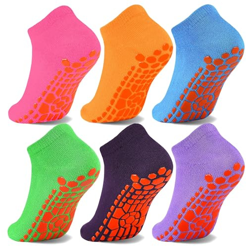 HYCLES Kids Non-Silp Ankle Socks with Girp- 6 Pairs Trampoline Unisex Toddler Socks Anti-Skid Socks for Children 6-9 Years