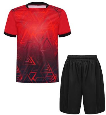 TSSOE Fotbollskläder för barn pojke kortärmad fotbollströja shorts sport träningsoverall 5–14 år, Färg: röd, 9-10 ans