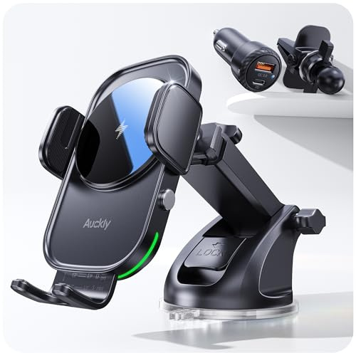 Auckly 15w Support Telephone Voiture Induction,【60W PD+QC+Ventouse+Agrafe】 Rapide Chargeur Induction Voiture, pour iPhone 11 12 13 14 15 16 Série & Samsung S24 S23 S22 etc. [A02 XPAC]