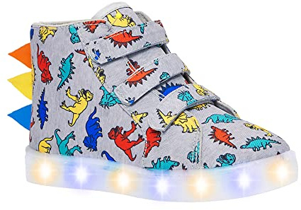 FabKids Boys Light Up Shoes Dinosaur Print Sneakers Blue High Top Hook and Loop Tennie Shoes for Toddler Size T8
