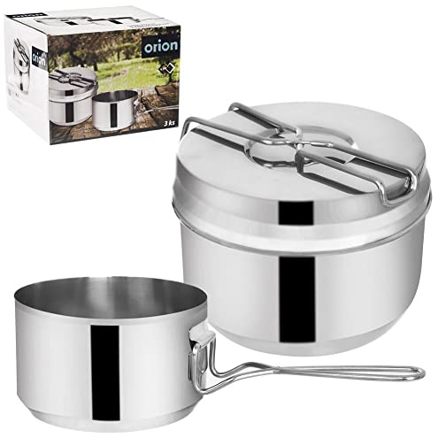 orion group Set di pentole da campeggio in acciaio inox | pentola, pentola, coperchio – piatti | pentole per scout, pentole militari, stoviglie da campeggio, 3 pezzi