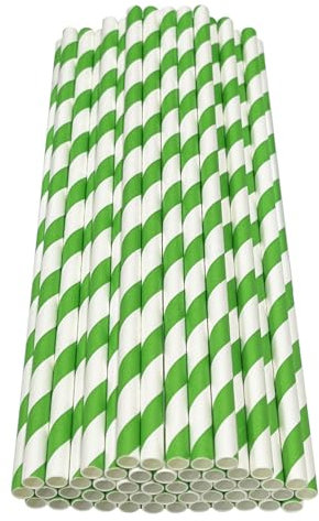 Haobase Lot de 50 pailles en papier biodégradables pour boire des cocktails, du café, des boissons froides (motif à rayures) (rayures blanc/vert foncé)