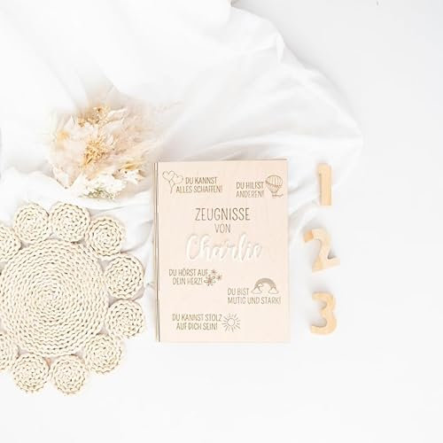 wunderwunsch® - Personalisierte Zeugnismappe aus Holz mit hochwertigem Spezial-Druck - Einschulung Geschenk - Zeugnismappe Jungen & Zeugnismappe Mädchen (Affirmationen)