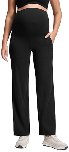 CRZ YOGA Butterluxe Women's Maternity Wide Leg Pants 31.5 - Over The Belly Pregnancy Trousers with Pockets High Waisted Casual Pants Black 12