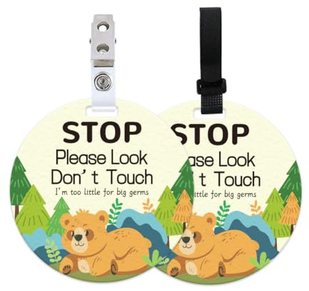 ORIGACH 2 Pack Stop Please Look Don't Touch Baby Signs, Forest Bear No Touching Baby Car Seat Sign with Hanging Strap and Clip, No Touching Baby Carrier Tag for Preemie Newborn