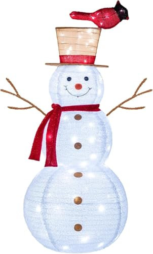 NALONE 4 FT Weihnachten beleuchtet Schneemann mit 100 LED Lichter für Timer, zusammenklappbare Schneemann Weihnachtsdekorationen im Freien Yard Home, Flauschiger Schneemann mit Vogel (4FT) (Weiß)