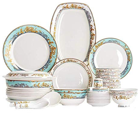IUBGFTO Juego de vajilla de cerámica de 56 Uds., Servicio Combinado de vajilla Estilo Palacio Europeo Retro para 10 Personas