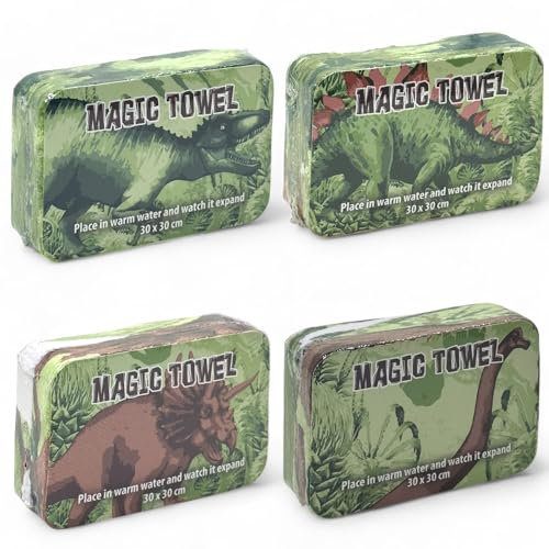 MIJOMA 4er Set Magische Waschlappen Magische Handtücher Zaubertuch Zauberhandtuch - Kinder Mitbringsel Mitgebsel Tombola - 100% Baumwolle, Entfaltet Sich in warmem Wasser (Dinosaurier)