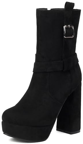 Lizoleor Botines Mujer Tacon Alto Ancho Plataforma Punta Redonda Cremallera Hebilla Fiesta Boda Vestir Moda Negro Talla 39 EU/40CN