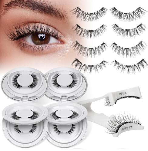 Faux Cils Magnetique aspect naturel 4 paires, aucune colle requise, ensemble de cils magnétiques réutilisables avec applicateur, faciles à porter avec instructions (4 paires C)