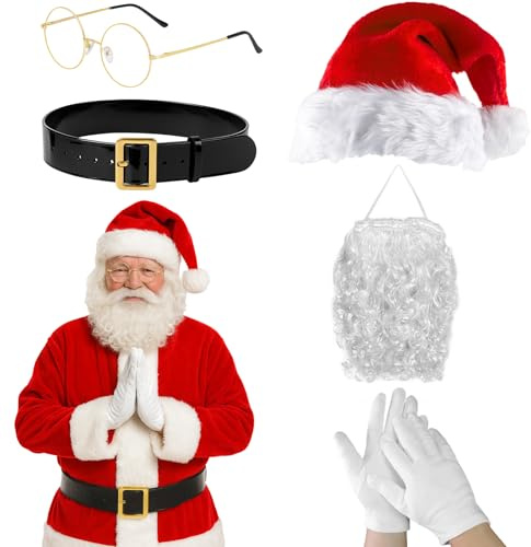 MUNSKT Set Costume Babbo Natale, Cappello, Barba, Parrucca, Guanto, Occhiali e Cintura, Taglia Unica per Adulti Halloween Natale